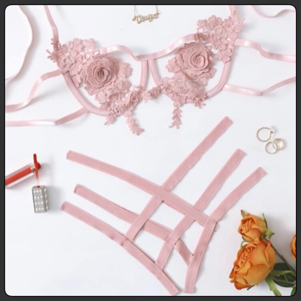 New Strappy Cut Out Embroidered Bra & Panty Set